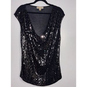 Michael Kors Women's Black Sequin V-Neck Blouse XL Short Sleeve